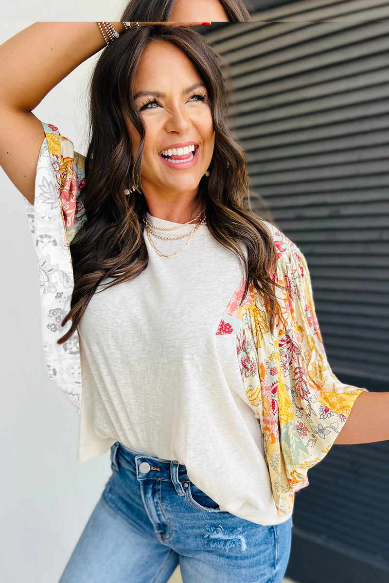 Load image into Gallery viewer, DLLS18 - Beige Floral Patchwork Half Batwing Sleeve Blouse
