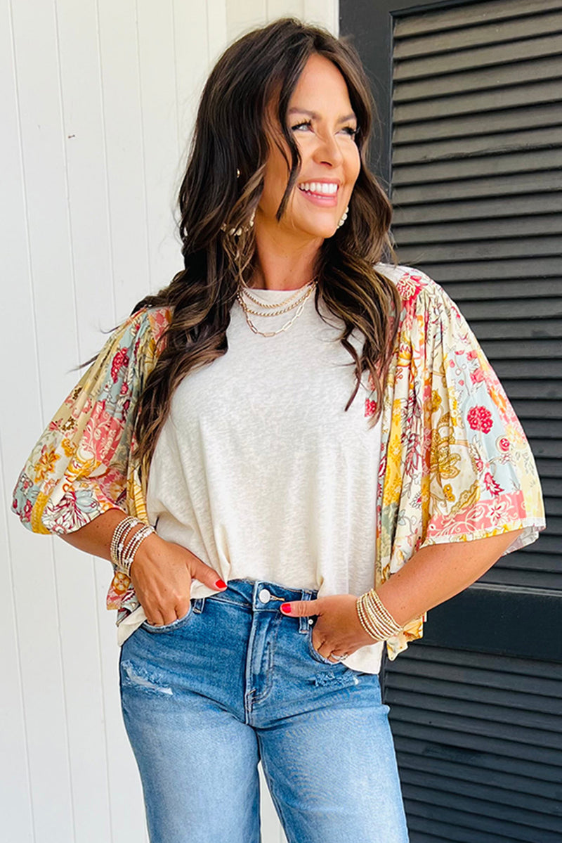 Load image into Gallery viewer, DLLS18 - Beige Floral Patchwork Half Batwing Sleeve Blouse

