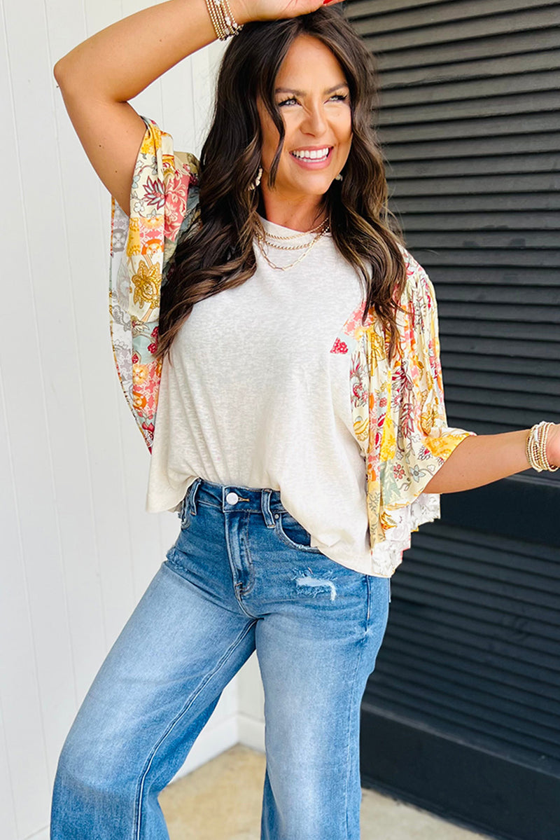 Load image into Gallery viewer, DLLS18 - Beige Floral Patchwork Half Batwing Sleeve Blouse
