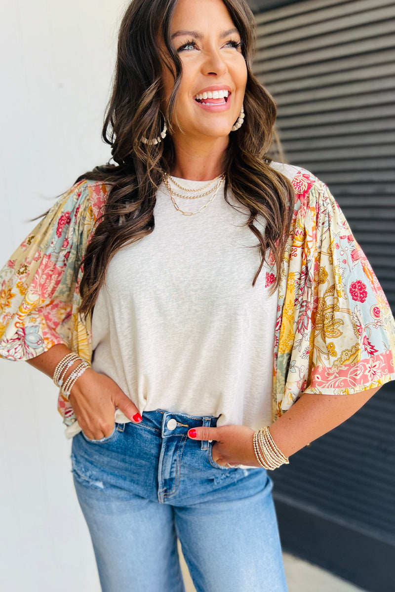 Load image into Gallery viewer, DLLS18 - Beige Floral Patchwork Half Batwing Sleeve Blouse
