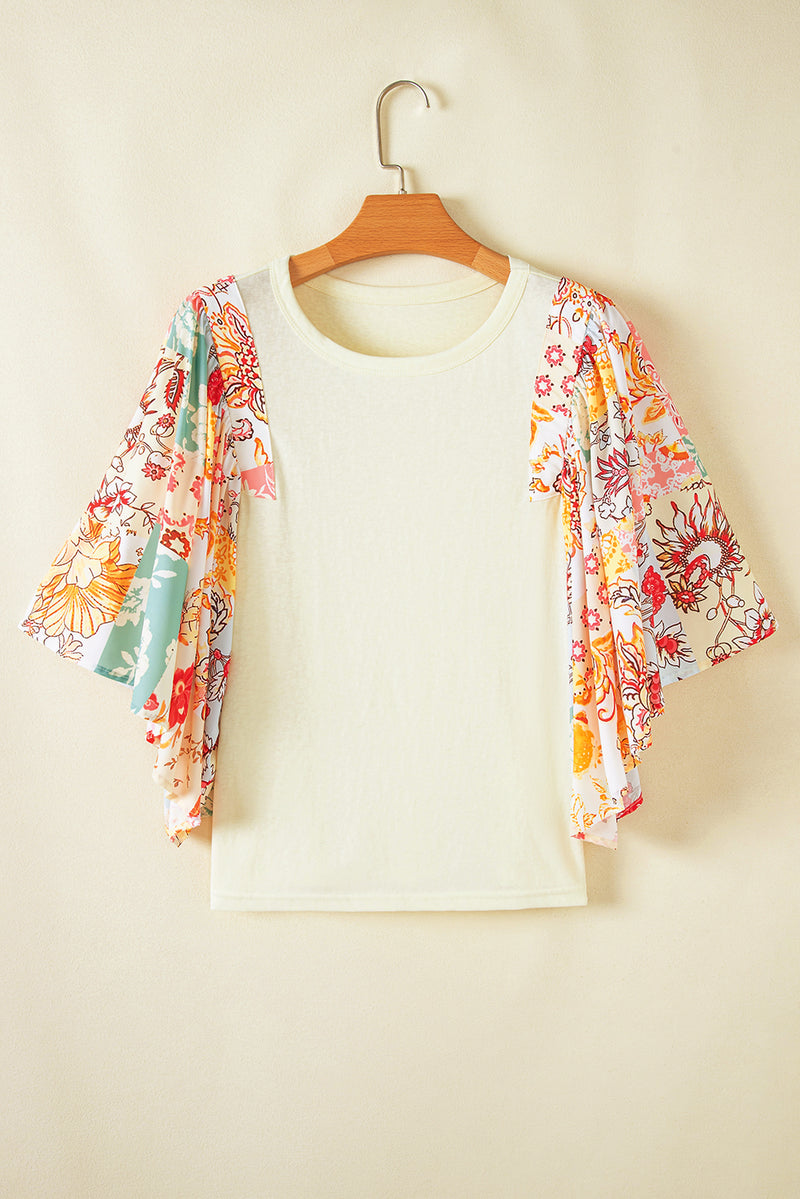 Load image into Gallery viewer, DLLS18 - Beige Floral Patchwork Half Batwing Sleeve Blouse
