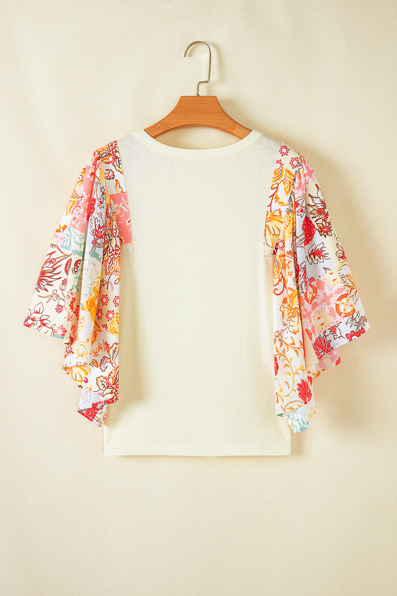 Load image into Gallery viewer, DLLS18 - Beige Floral Patchwork Half Batwing Sleeve Blouse
