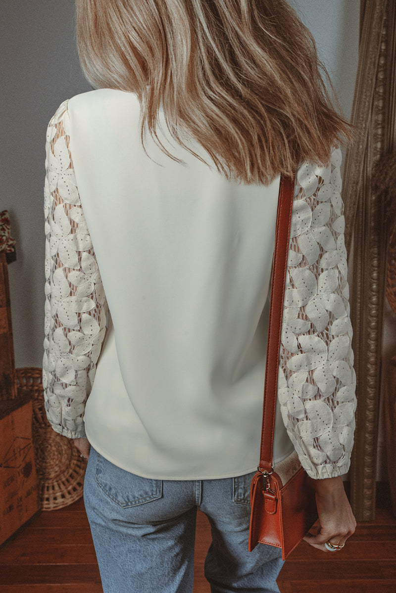 Load image into Gallery viewer, DLLS17 - White Scalloped V Neckline Lace Hollowed Lantern Sleeve Blouse
