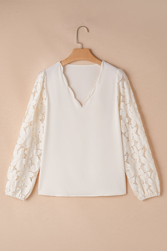 DLLS17 - White Scalloped V Neckline Lace Hollowed Lantern Sleeve Blouse