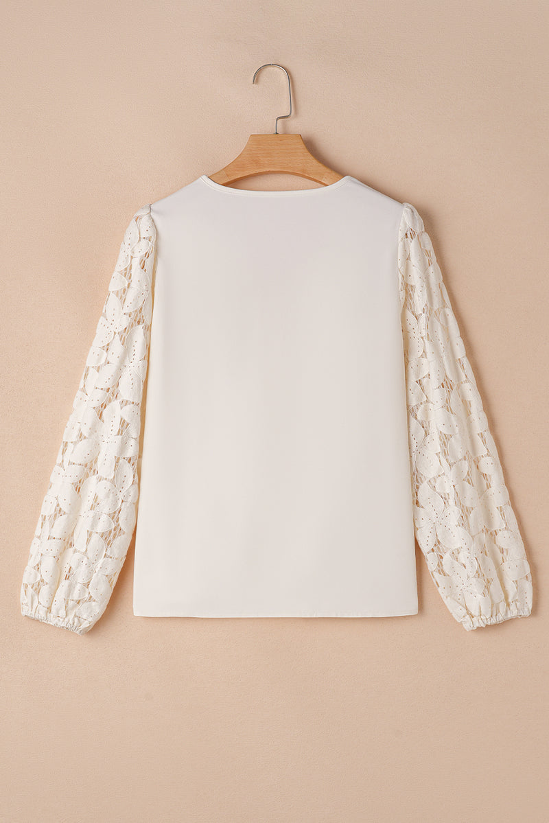 Load image into Gallery viewer, DLLS17 - White Scalloped V Neckline Lace Hollowed Lantern Sleeve Blouse
