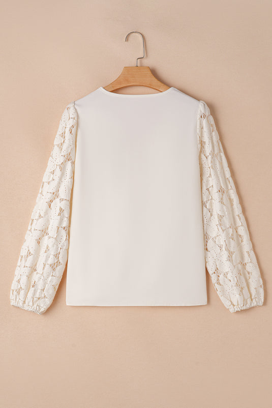 DLLS17 - White Scalloped V Neckline Lace Hollowed Lantern Sleeve Blouse
