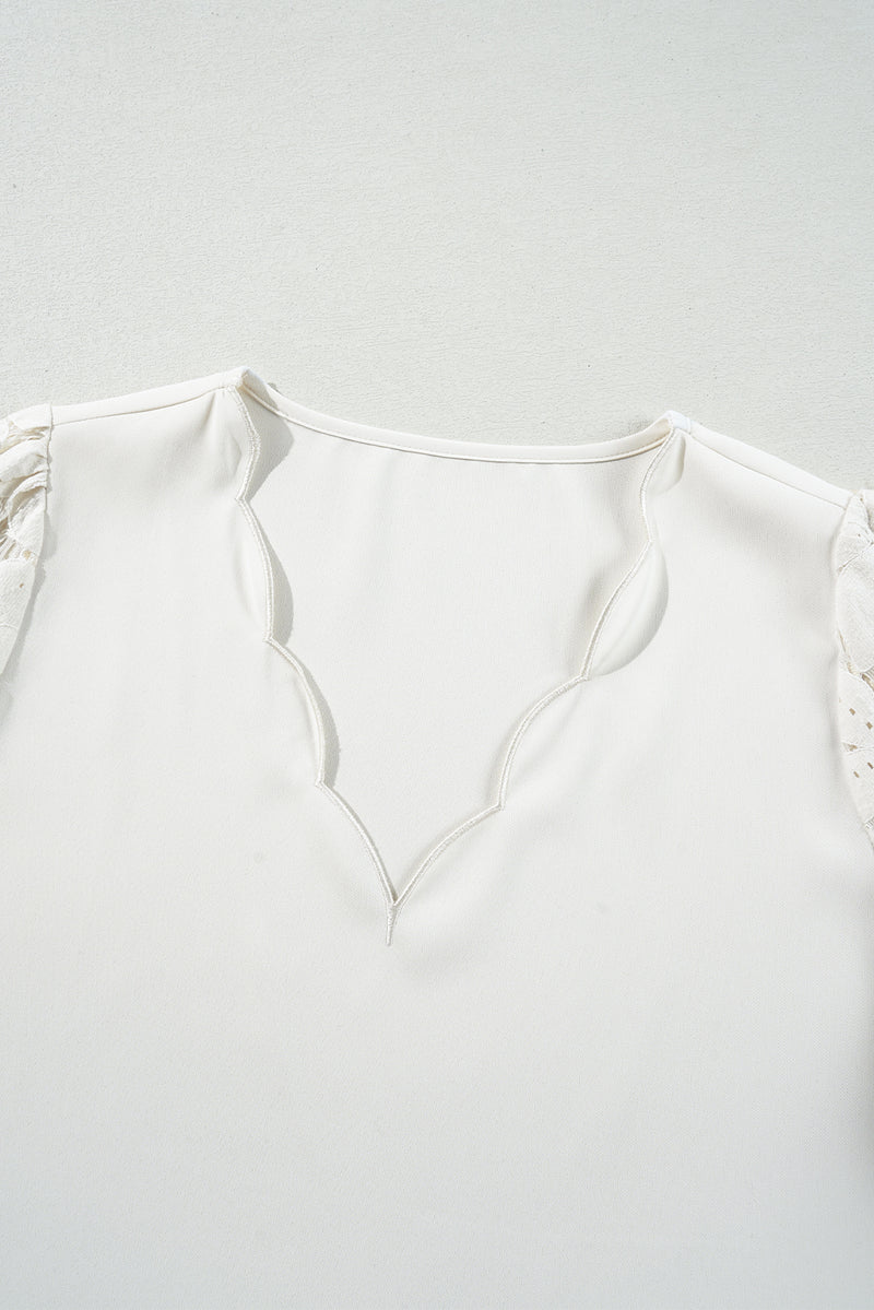 Load image into Gallery viewer, DLLS17 - White Scalloped V Neckline Lace Hollowed Lantern Sleeve Blouse
