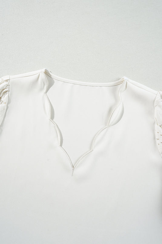 DLLS17 - White Scalloped V Neckline Lace Hollowed Lantern Sleeve Blouse