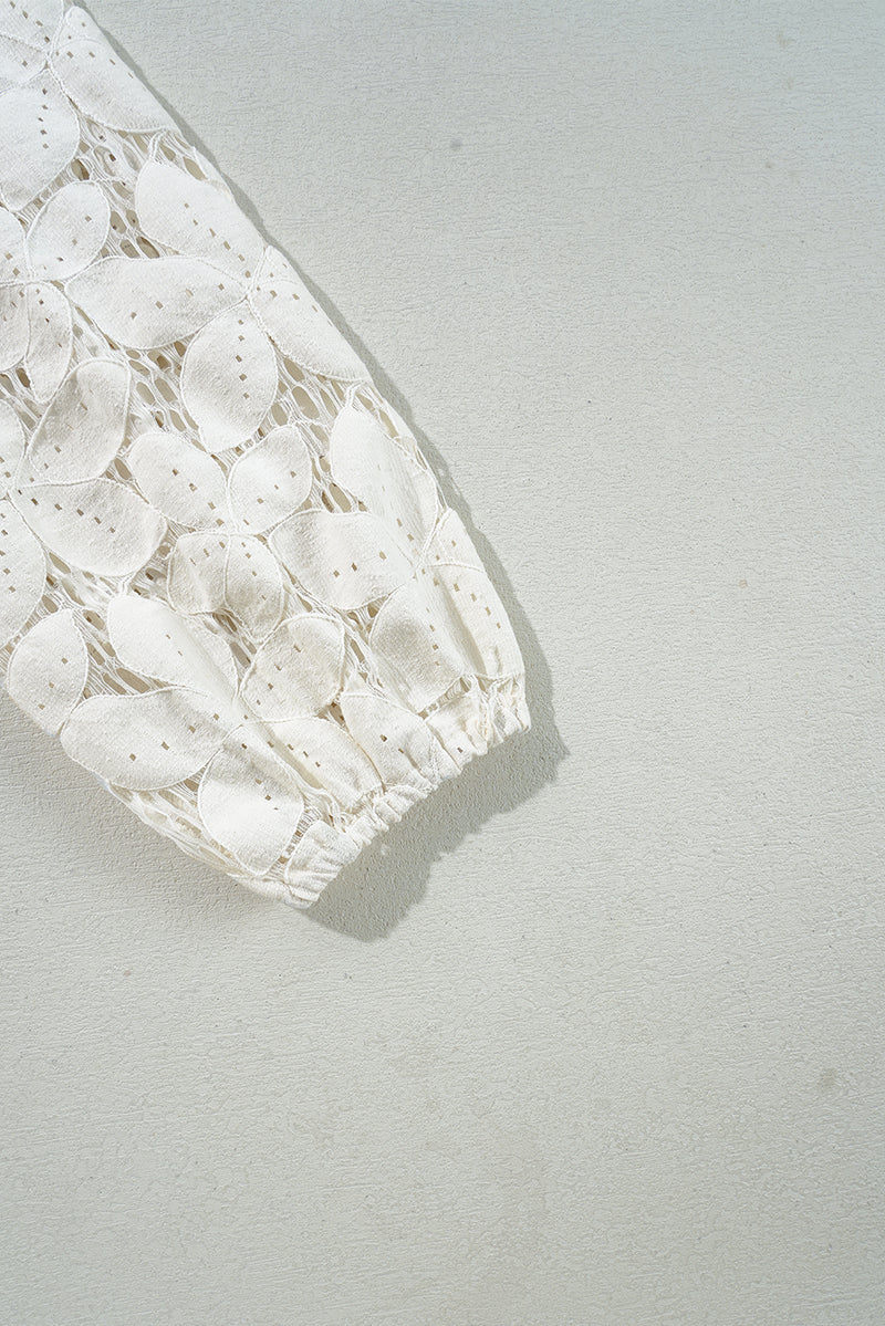 Load image into Gallery viewer, DLLS17 - White Scalloped V Neckline Lace Hollowed Lantern Sleeve Blouse
