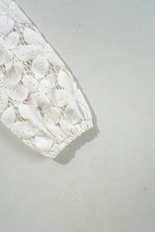 DLLS17 - White Scalloped V Neckline Lace Hollowed Lantern Sleeve Blouse