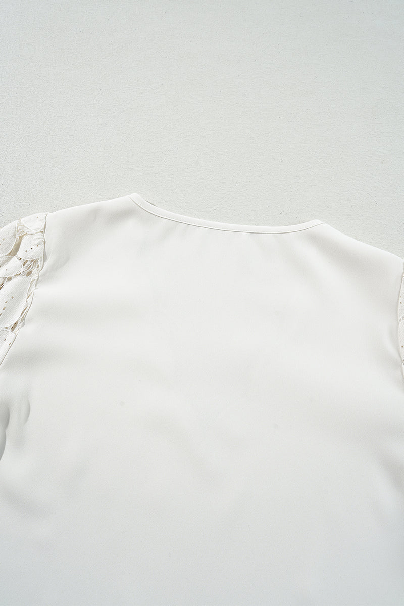 Load image into Gallery viewer, DLLS17 - White Scalloped V Neckline Lace Hollowed Lantern Sleeve Blouse
