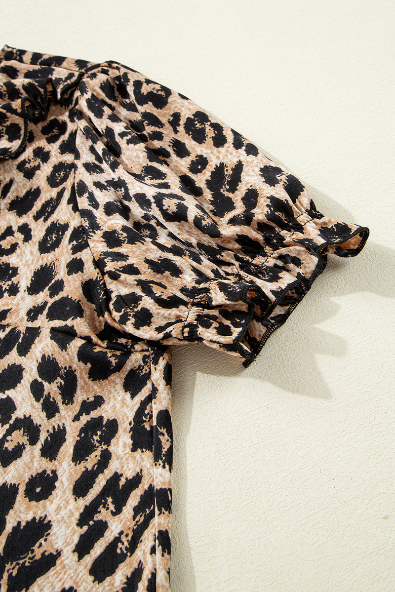 Load image into Gallery viewer, DLLS67 - Khaki Leopard Ruffled Neck Cascading Puff Short Sleeve Top
