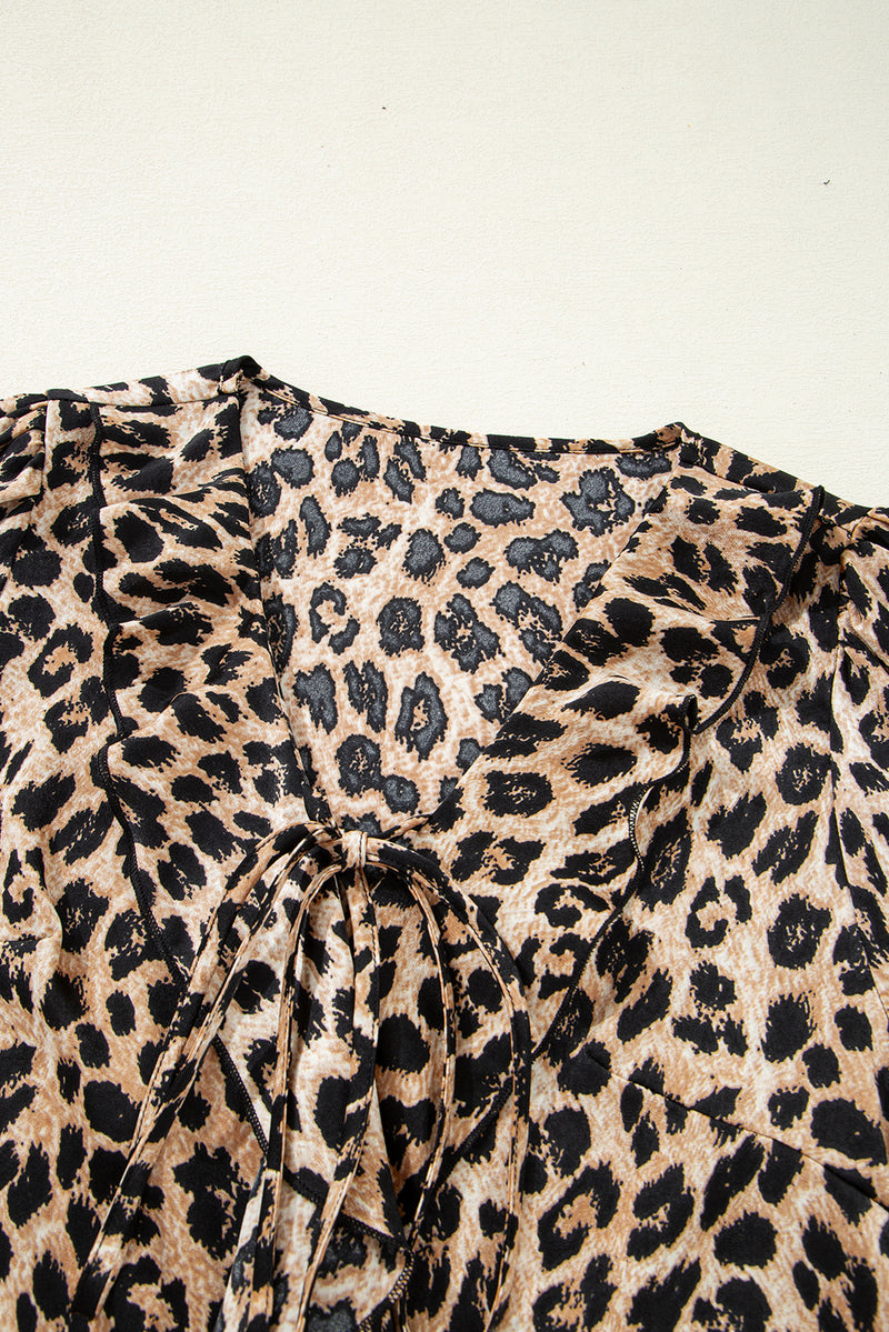 Load image into Gallery viewer, DLLS67 - Khaki Leopard Ruffled Neck Cascading Puff Short Sleeve Top
