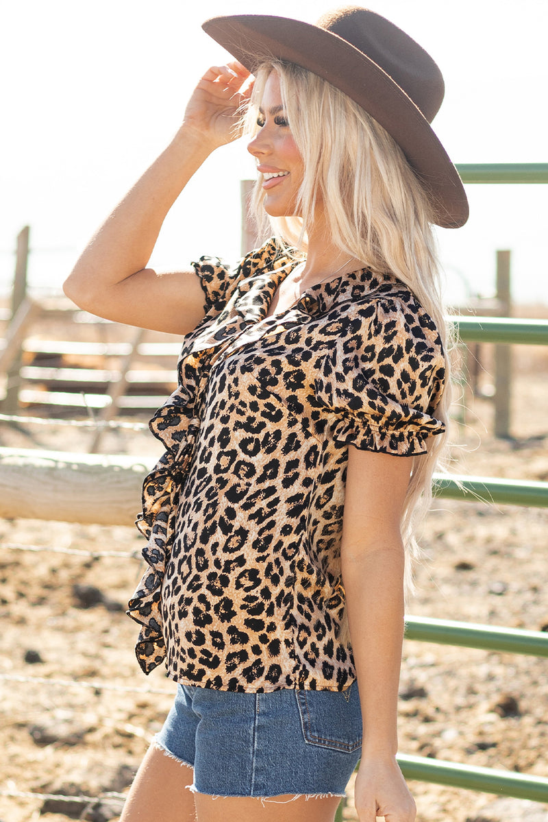 Load image into Gallery viewer, DLLS67 - Khaki Leopard Ruffled Neck Cascading Puff Short Sleeve Top
