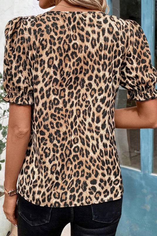 DLLS67 - Khaki Leopard Ruffled Neck Cascading Puff Short Sleeve Top