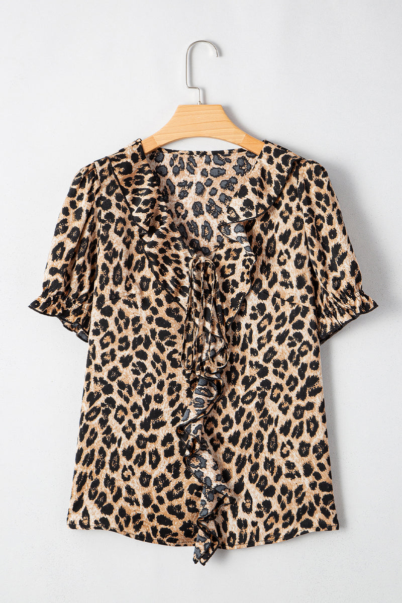 Load image into Gallery viewer, DLLS67 - Khaki Leopard Ruffled Neck Cascading Puff Short Sleeve Top
