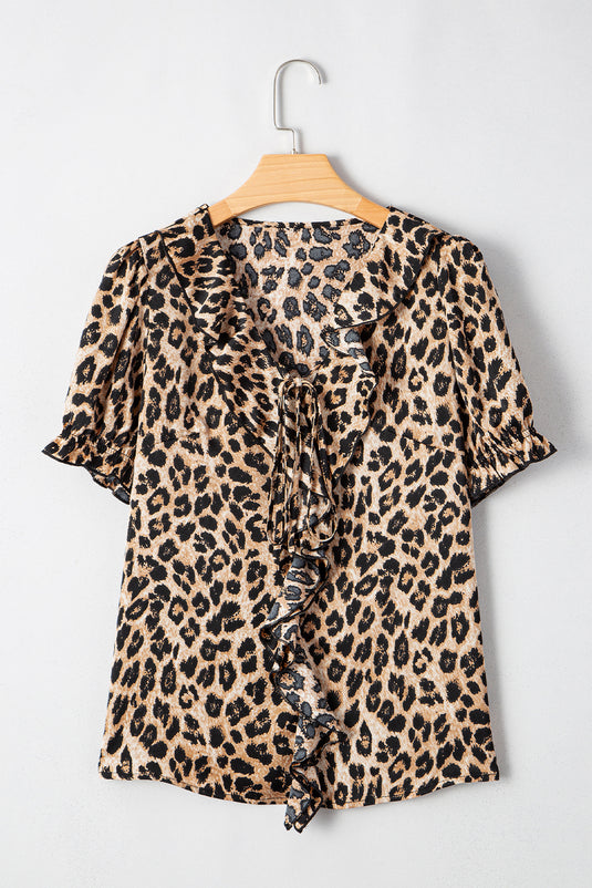 DLLS67 - Khaki Leopard Ruffled Neck Cascading Puff Short Sleeve Top