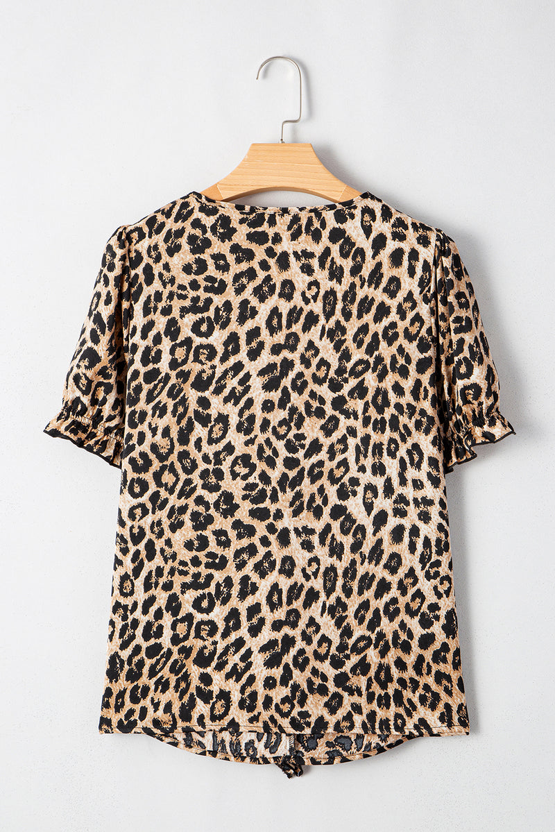 Load image into Gallery viewer, DLLS67 - Khaki Leopard Ruffled Neck Cascading Puff Short Sleeve Top
