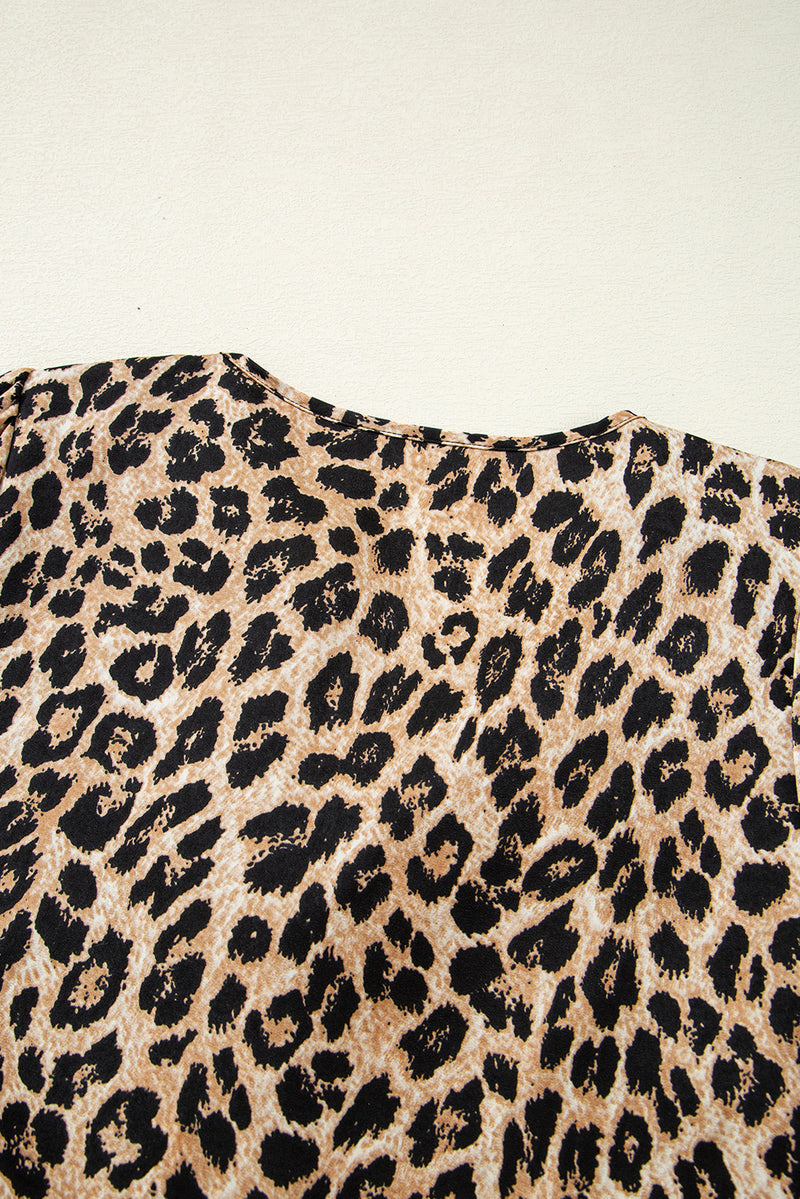 Load image into Gallery viewer, DLLS67 - Khaki Leopard Ruffled Neck Cascading Puff Short Sleeve Top
