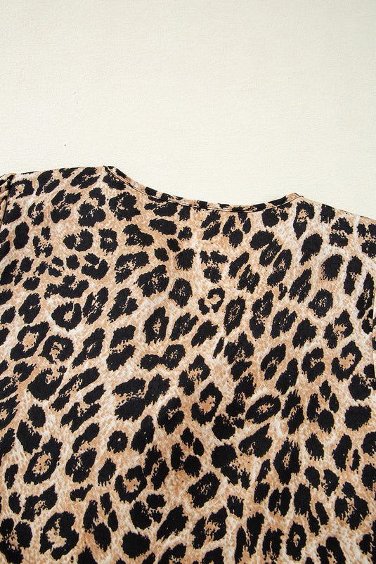 DLLS67 - Khaki Leopard Ruffled Neck Cascading Puff Short Sleeve Top