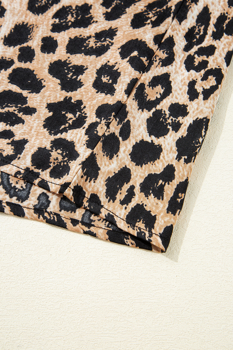 Load image into Gallery viewer, DLLS67 - Khaki Leopard Ruffled Neck Cascading Puff Short Sleeve Top
