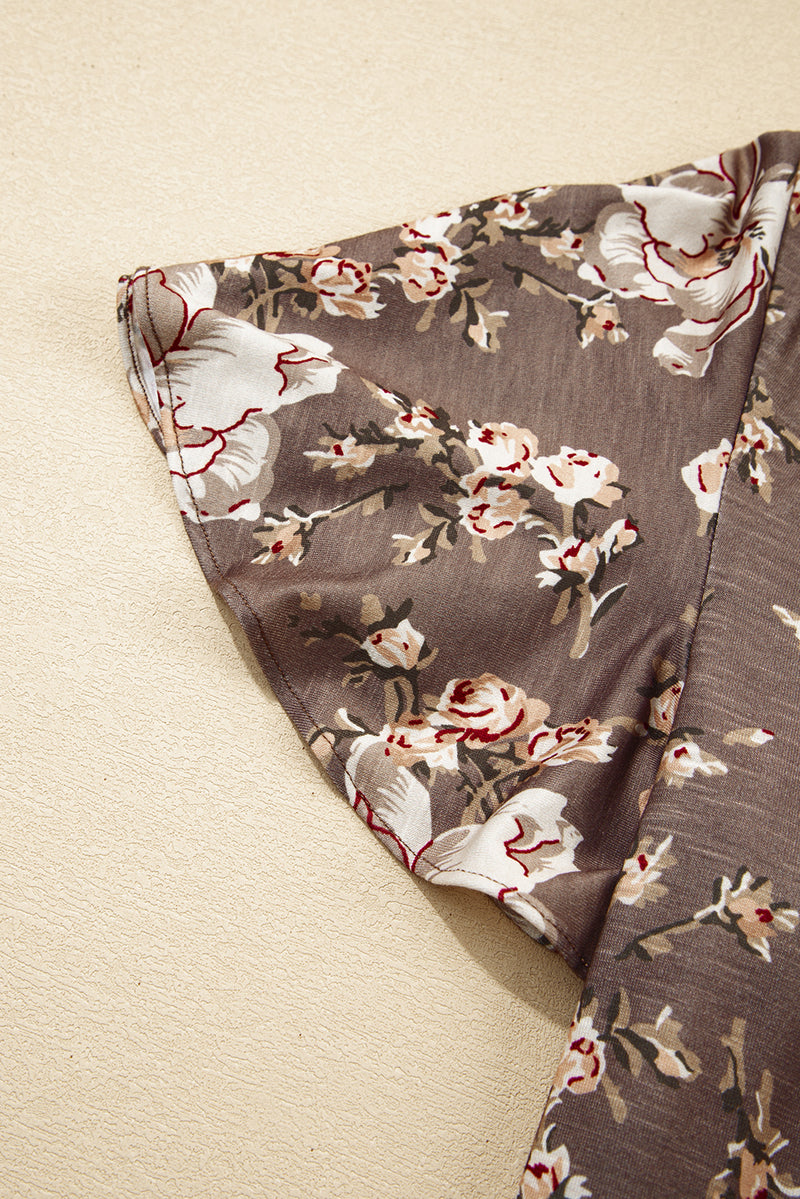 Load image into Gallery viewer, DLLS22 - Khaki Retro Floral Print Tassel Tie Split Neck Short Sleeve Blouse
