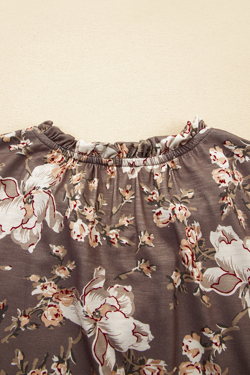 Load image into Gallery viewer, DLLS22 - Khaki Retro Floral Print Tassel Tie Split Neck Short Sleeve Blouse
