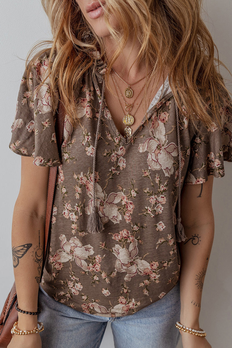 Load image into Gallery viewer, DLLS22 - Khaki Retro Floral Print Tassel Tie Split Neck Short Sleeve Blouse
