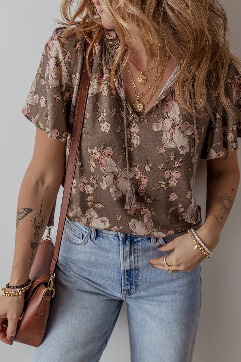 Load image into Gallery viewer, DLLS22 - Khaki Retro Floral Print Tassel Tie Split Neck Short Sleeve Blouse
