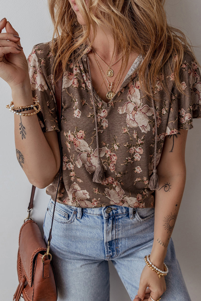 Load image into Gallery viewer, DLLS22 - Khaki Retro Floral Print Tassel Tie Split Neck Short Sleeve Blouse
