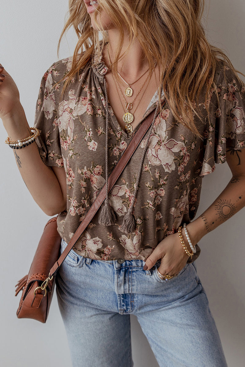Load image into Gallery viewer, DLLS22 - Khaki Retro Floral Print Tassel Tie Split Neck Short Sleeve Blouse
