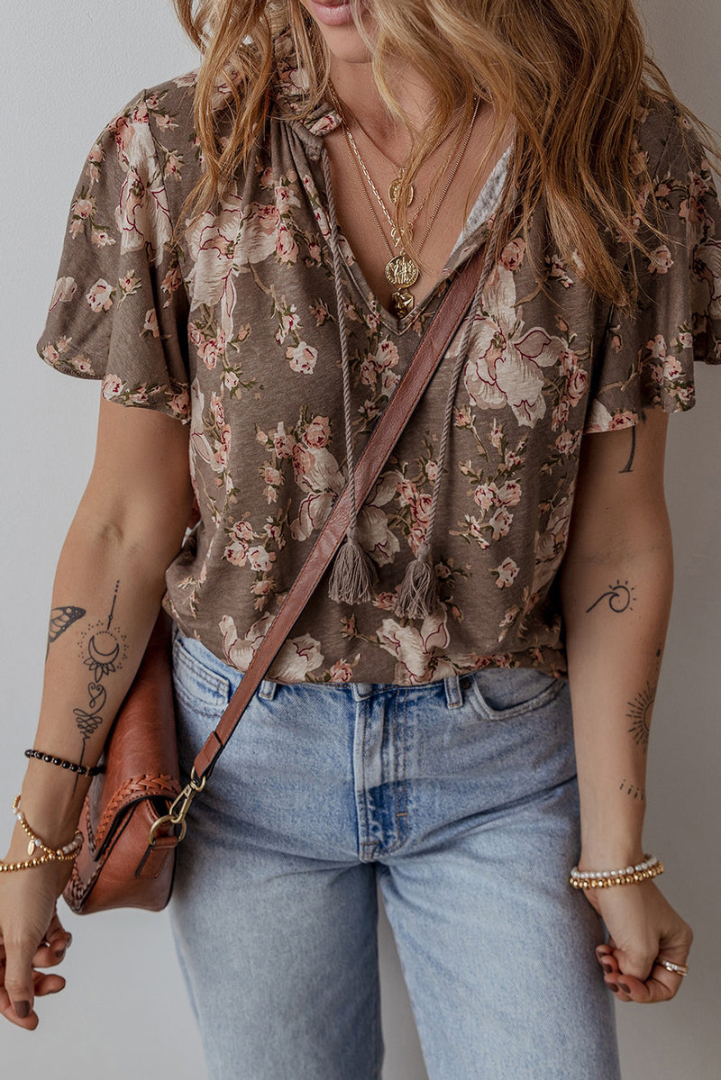 Load image into Gallery viewer, DLLS22 - Khaki Retro Floral Print Tassel Tie Split Neck Short Sleeve Blouse
