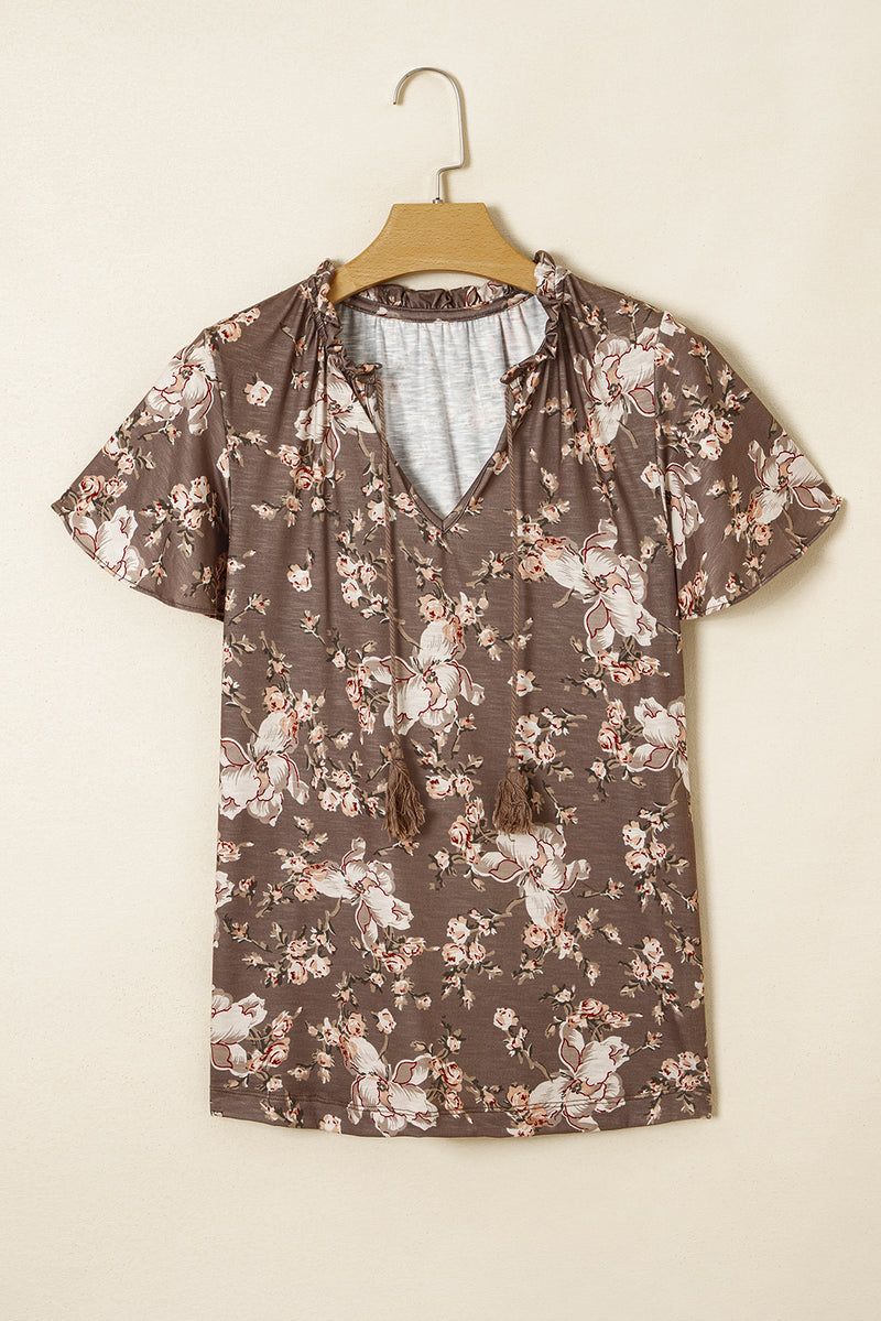 Load image into Gallery viewer, DLLS22 - Khaki Retro Floral Print Tassel Tie Split Neck Short Sleeve Blouse
