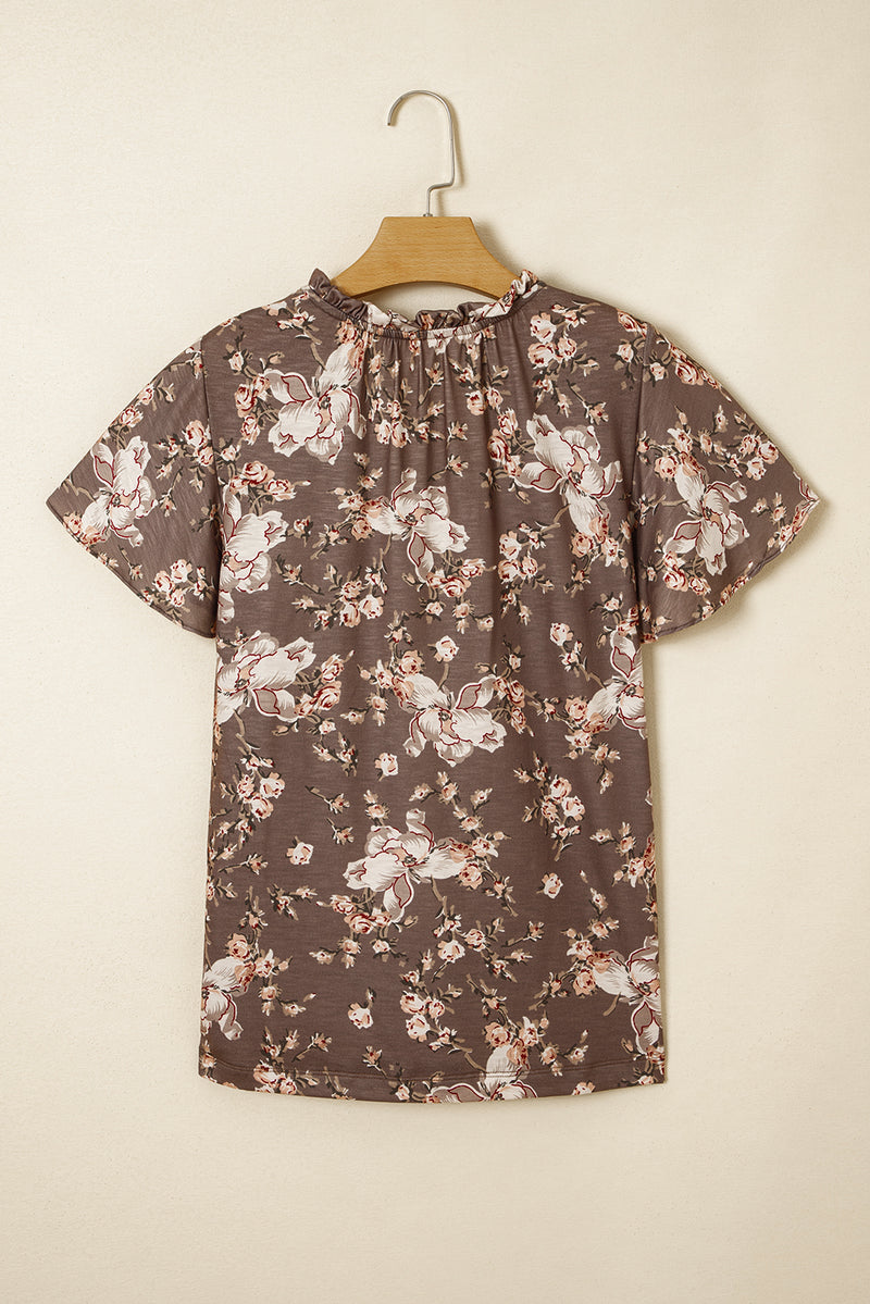 Load image into Gallery viewer, DLLS22 - Khaki Retro Floral Print Tassel Tie Split Neck Short Sleeve Blouse
