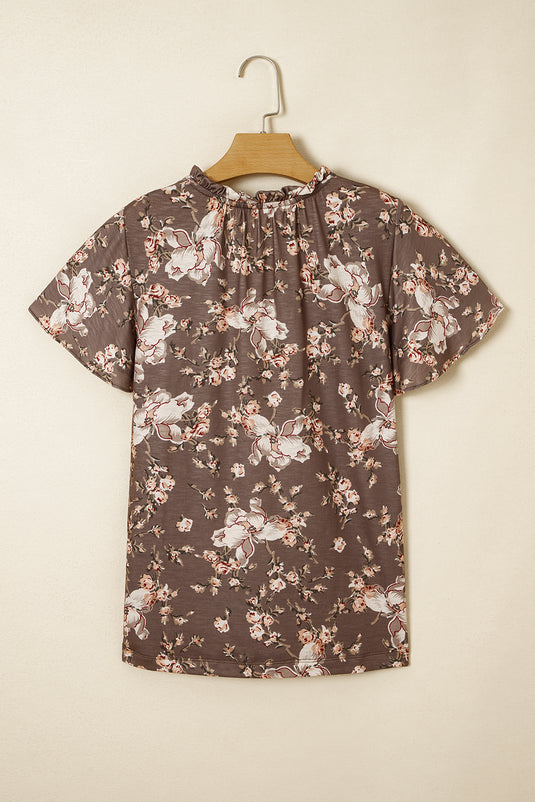 DLLS22 - Khaki Retro Floral Print Tassel Tie Split Neck Short Sleeve Blouse