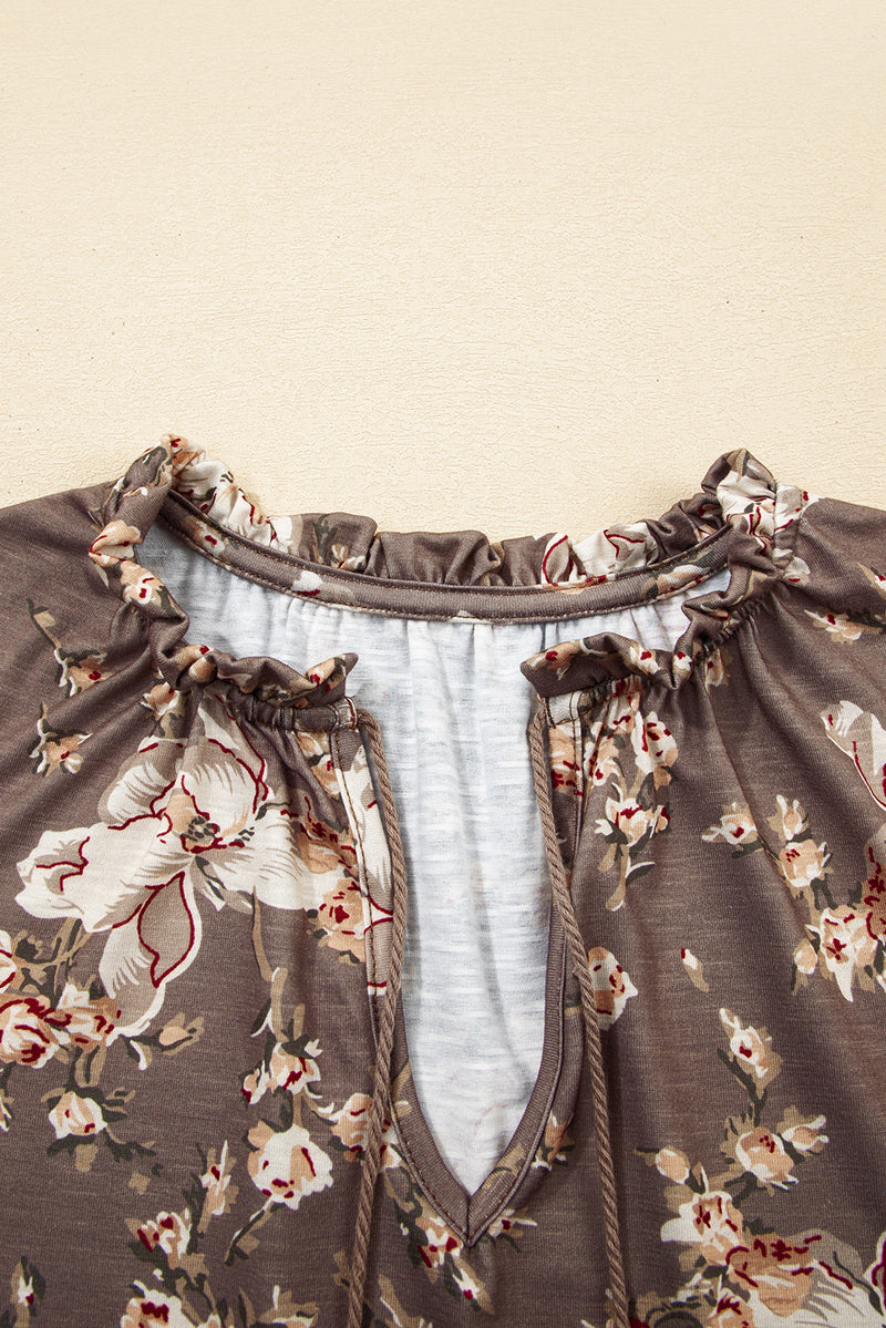Load image into Gallery viewer, DLLS22 - Khaki Retro Floral Print Tassel Tie Split Neck Short Sleeve Blouse
