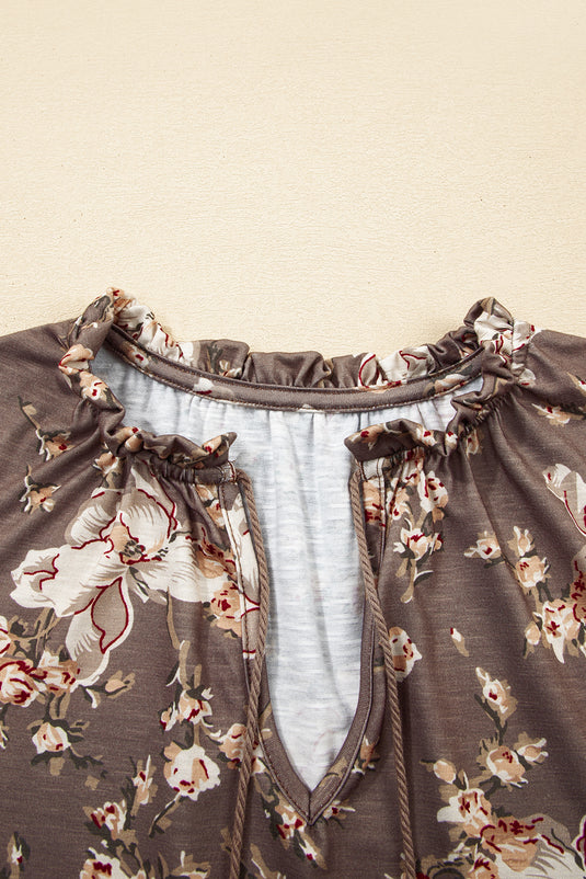 DLLS22 - Khaki Retro Floral Print Tassel Tie Split Neck Short Sleeve Blouse