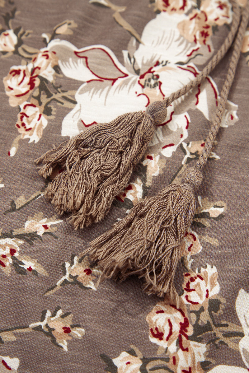 Load image into Gallery viewer, DLLS22 - Khaki Retro Floral Print Tassel Tie Split Neck Short Sleeve Blouse
