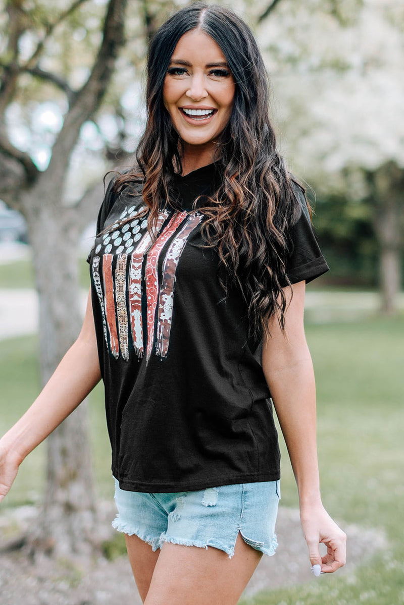 Load image into Gallery viewer, DLLS68 - Black Western American Flag Graphic Tee
