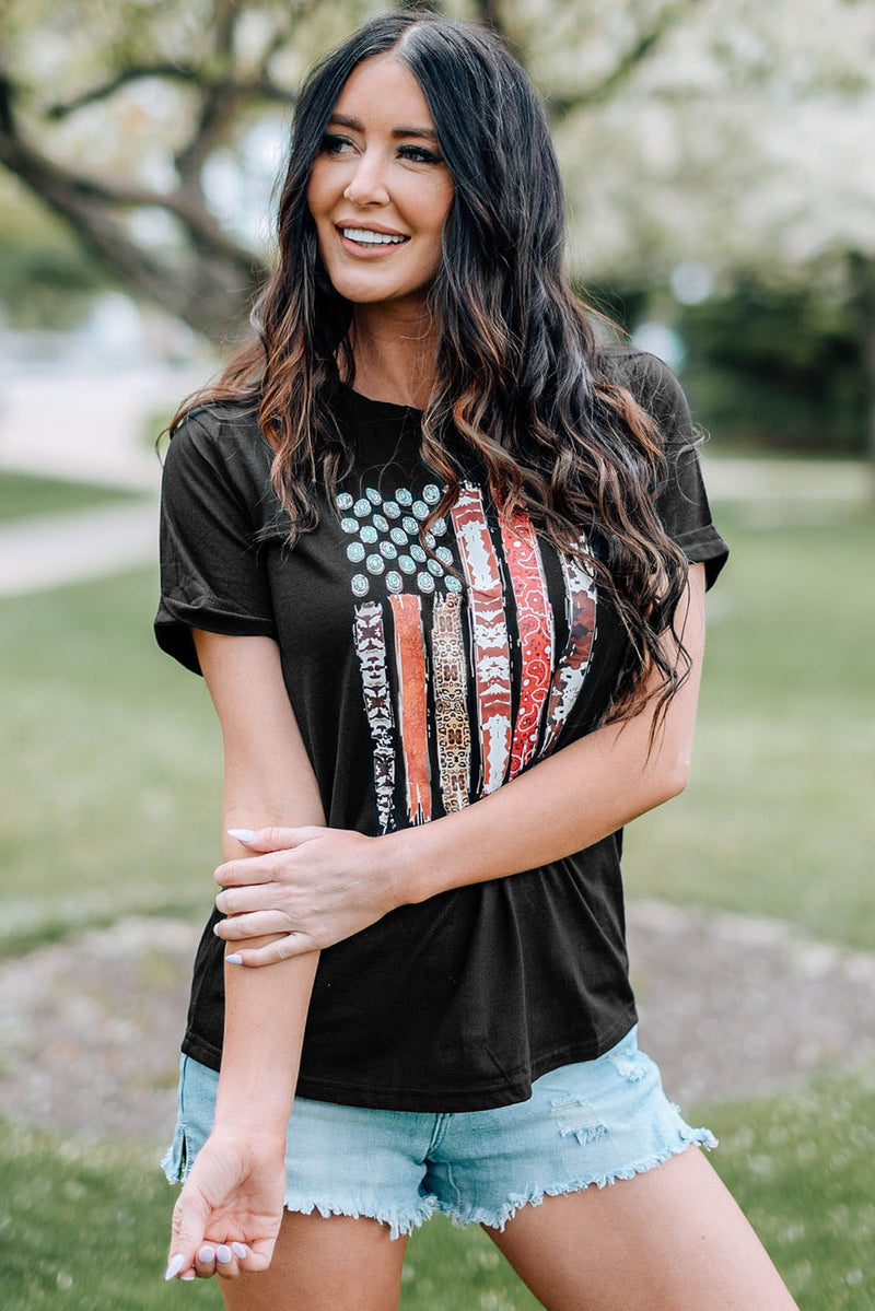 Load image into Gallery viewer, DLLS68 - Black Western American Flag Graphic Tee
