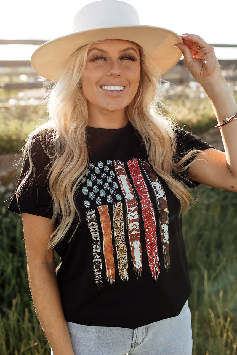 Load image into Gallery viewer, DLLS68 - Black Western American Flag Graphic Tee

