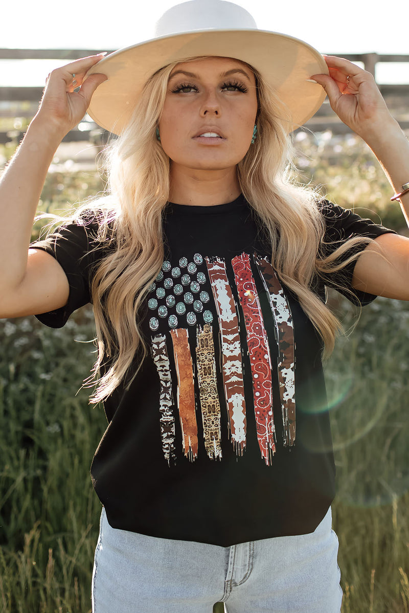 Load image into Gallery viewer, DLLS68 - Black Western American Flag Graphic Tee
