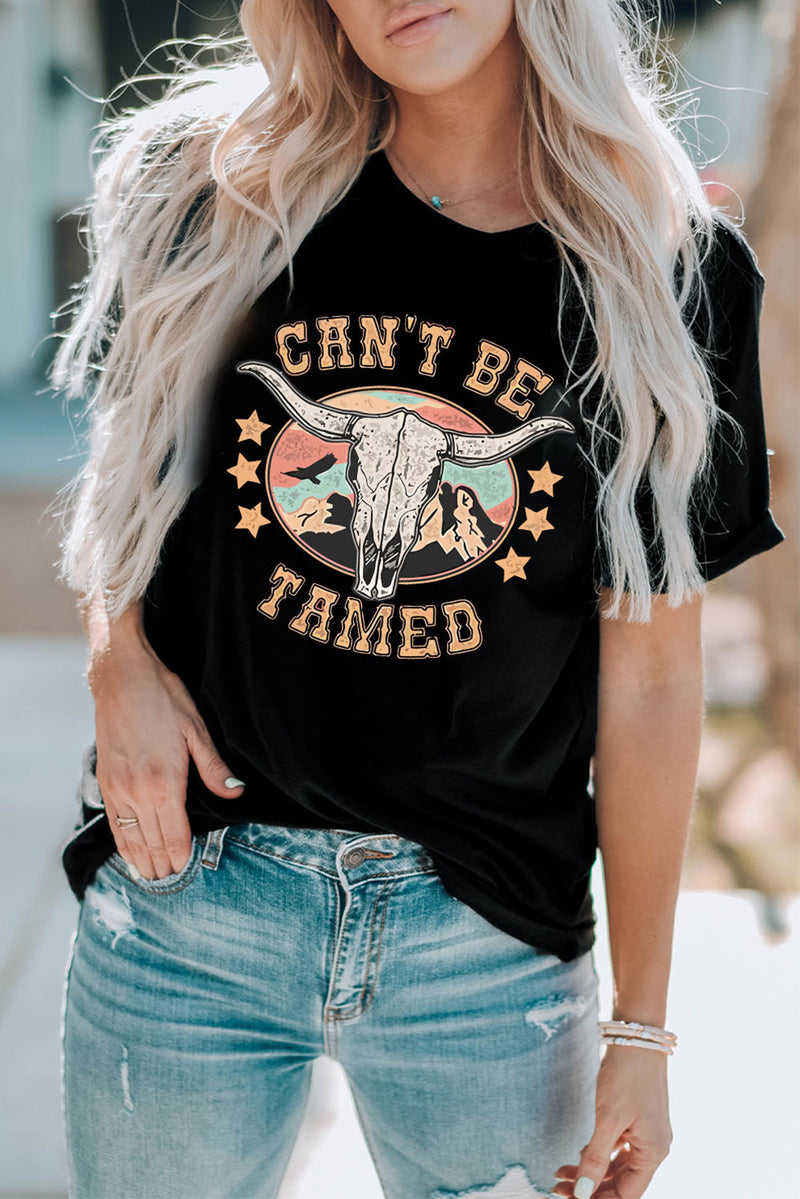 Load image into Gallery viewer, DLLS60 - Black Western CAN&#39;T BE TAMED Longhorn Graphic T Shirt
