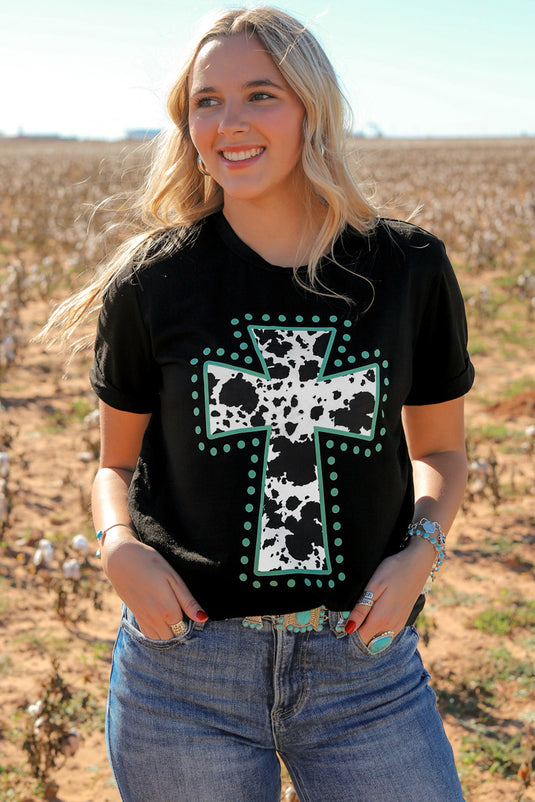 DLLS49 -Black Animal Print Cross Graphic Tee