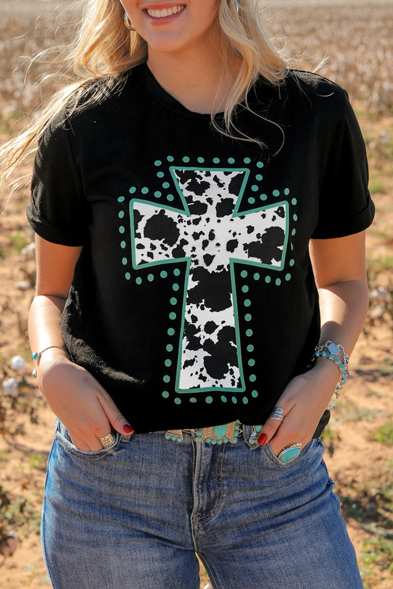 Load image into Gallery viewer, DLLS49 -Black Animal Print Cross Graphic Tee
