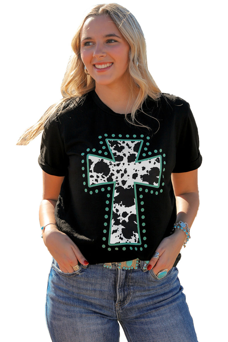 Load image into Gallery viewer, DLLS49 -Black Animal Print Cross Graphic Tee
