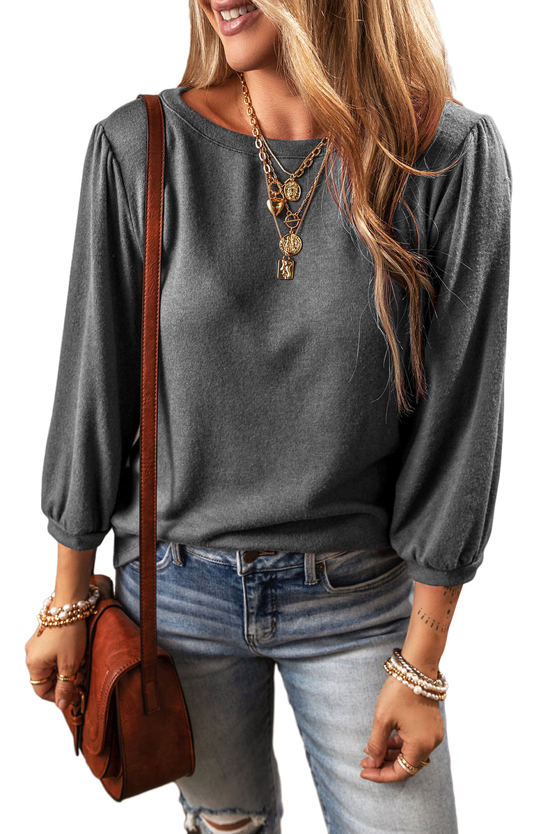 Load image into Gallery viewer, DLLS29 - Medium Grey Solid Color 3/4 Sleeve Round Neck Blouse
