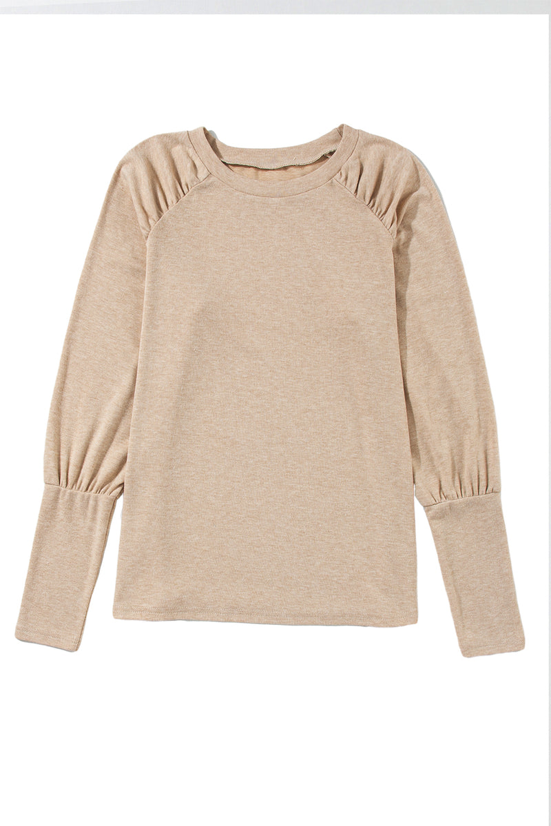 Load image into Gallery viewer, DLLS28 - Pale Khaki Solid Ruched Raglan Sleeve Knit Top
