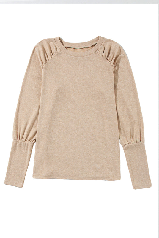 DLLS28 - Pale Khaki Solid Ruched Raglan Sleeve Knit Top