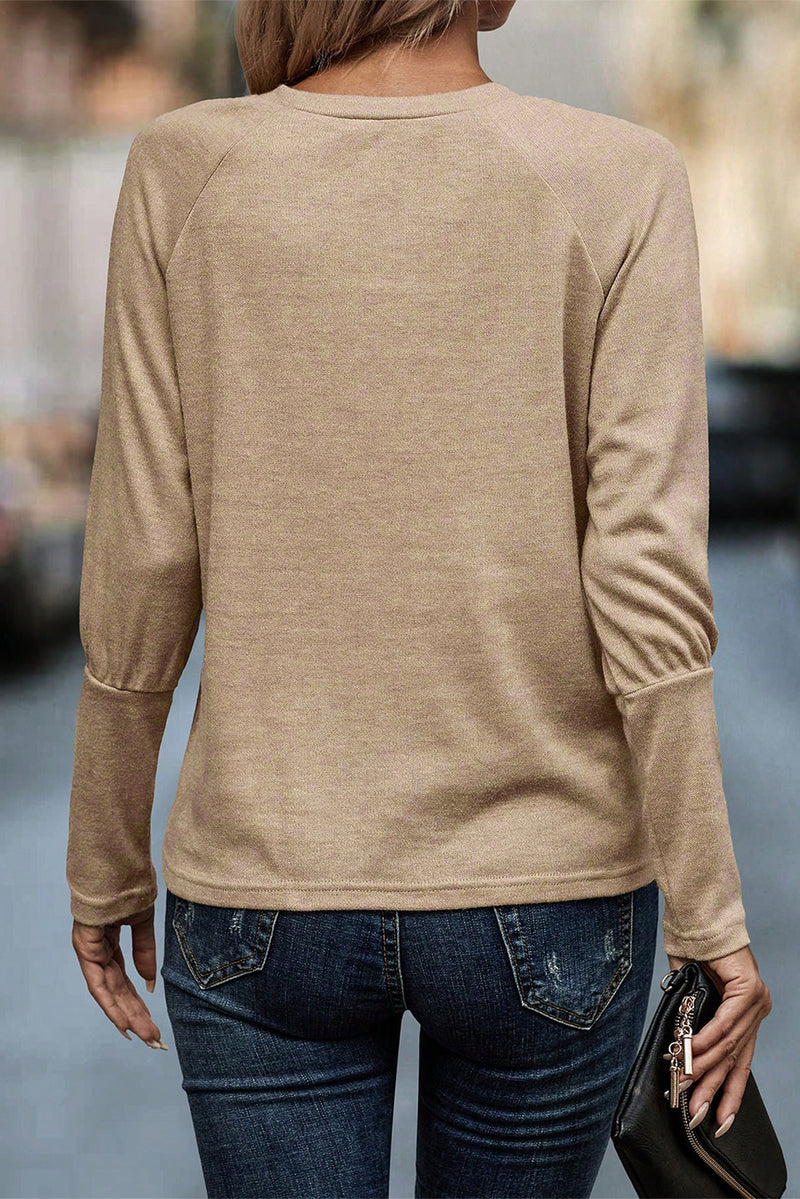 Load image into Gallery viewer, DLLS28 - Pale Khaki Solid Ruched Raglan Sleeve Knit Top
